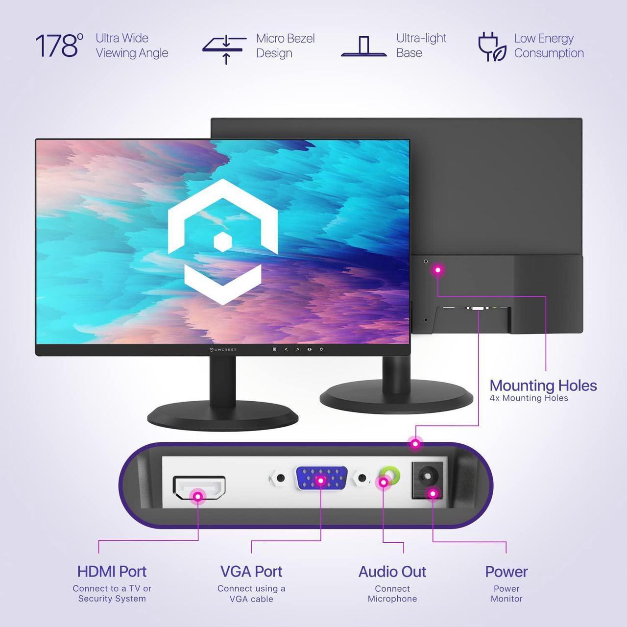 Alt view image 6 of 7 - Amcrest 24/7 Surveillance Video Monitor, 22 inch PC Computer NVR/DVR Monitor, 1080p FHD 60Hz with HDMI VGA, Micro Bezel Design, W-LED for Home Office, Monitor AM-LM22