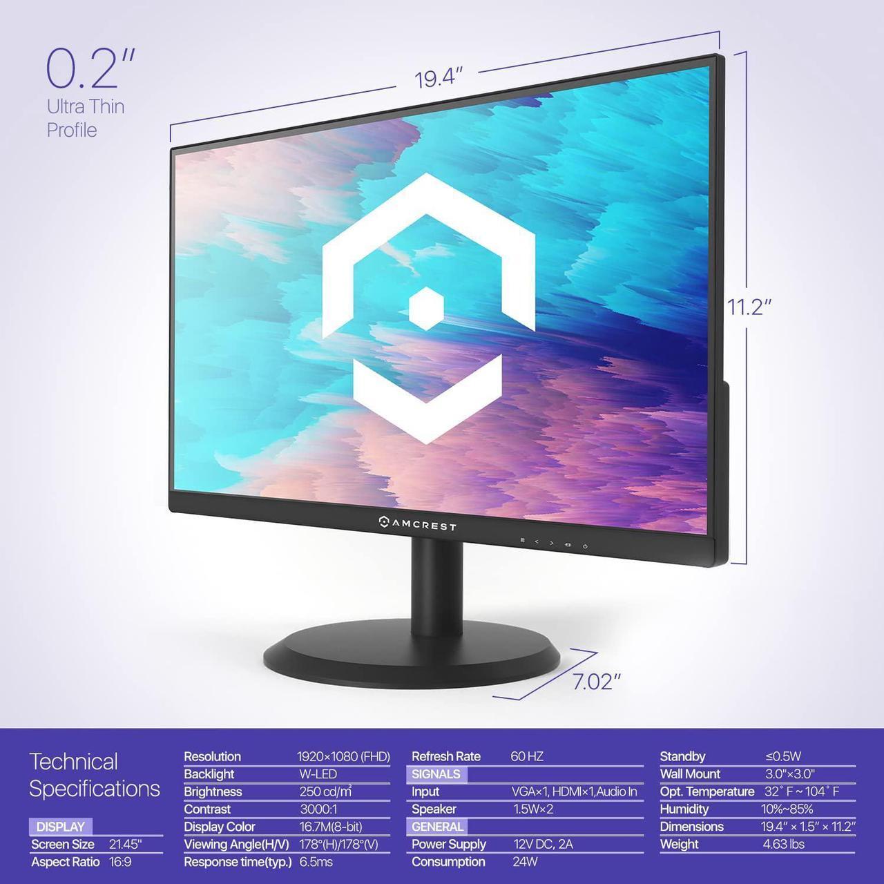 Alt view image 7 of 7 - Amcrest 24/7 Surveillance Video Monitor, 22 inch PC Computer NVR/DVR Monitor, 1080p FHD 60Hz with HDMI VGA, Micro Bezel Design, W-LED for Home Office, Monitor AM-LM22
