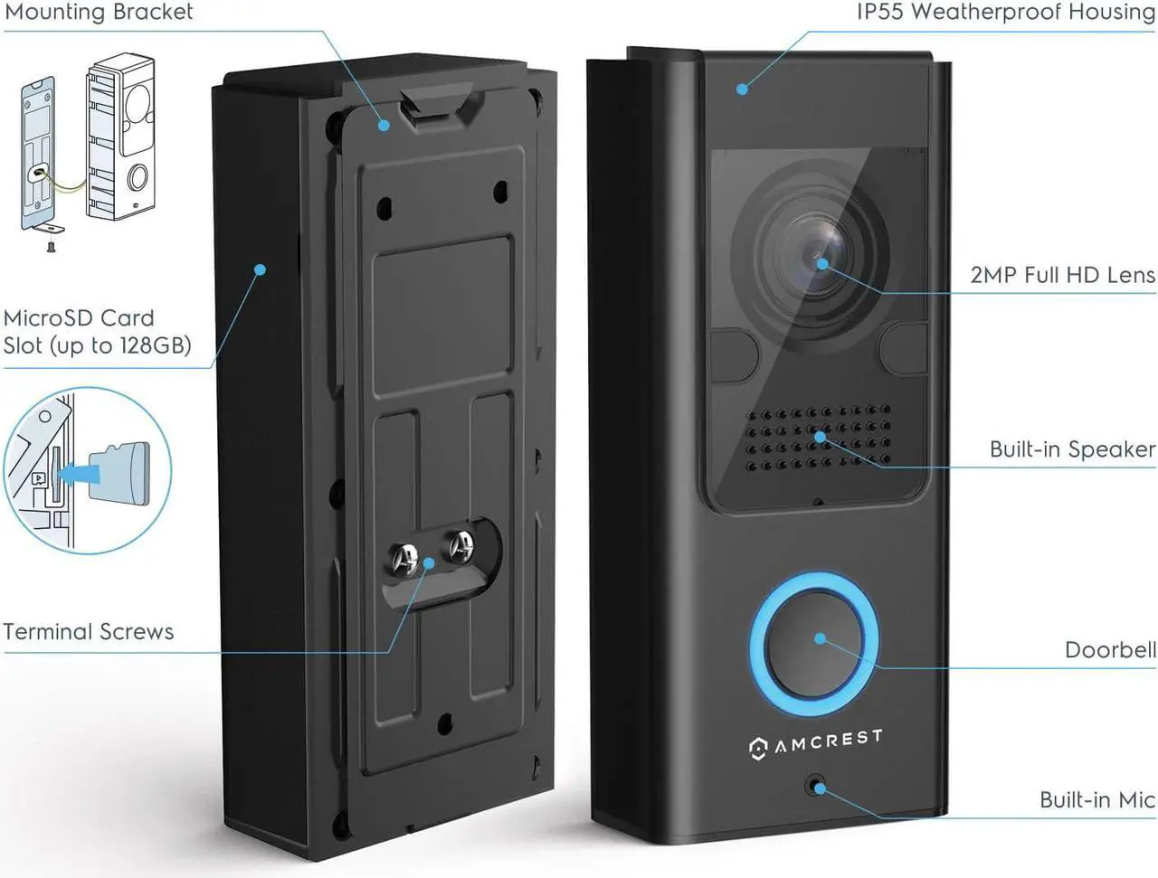 Alt view image 3 of 7 - Amcrest 1080P Video Doorbell Camera Pro, Outdoor Smart Home 2.4GHz WiFi Doorbell Camera (Wired Power), MicroSD Card, PIR Motion Detect, RTSP, IP55 Weatherproof, 140º Wide-Angle (Refurbished) REP-AD110