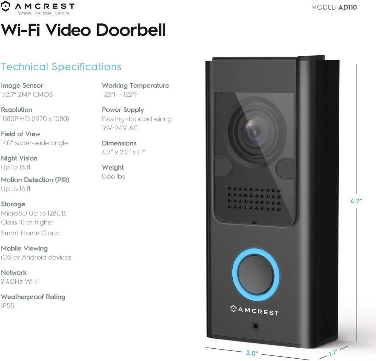 Alt view image 2 of 7 - Amcrest 1080P Video Doorbell Camera Pro, Outdoor Smart Home 2.4GHz WiFi Doorbell Camera (Wired Power), MicroSD Card, PIR Motion Detect, RTSP, IP55 Weatherproof, 140º Wide-Angle (Refurbished) REP-AD110