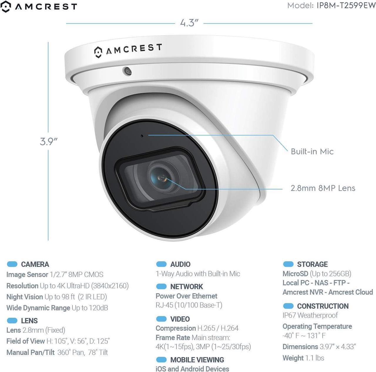 Alt view image 4 of 7 - Amcrest 4K Security Camera System, 4K 16CH (8-Port) PoE NVR, (8) x 8-Megapixel IP67 Weatherproof Turret POE IP Cameras, Pre-Installed 3TB Hard Drive, NV4116E-T2599EW8-3TB (White)