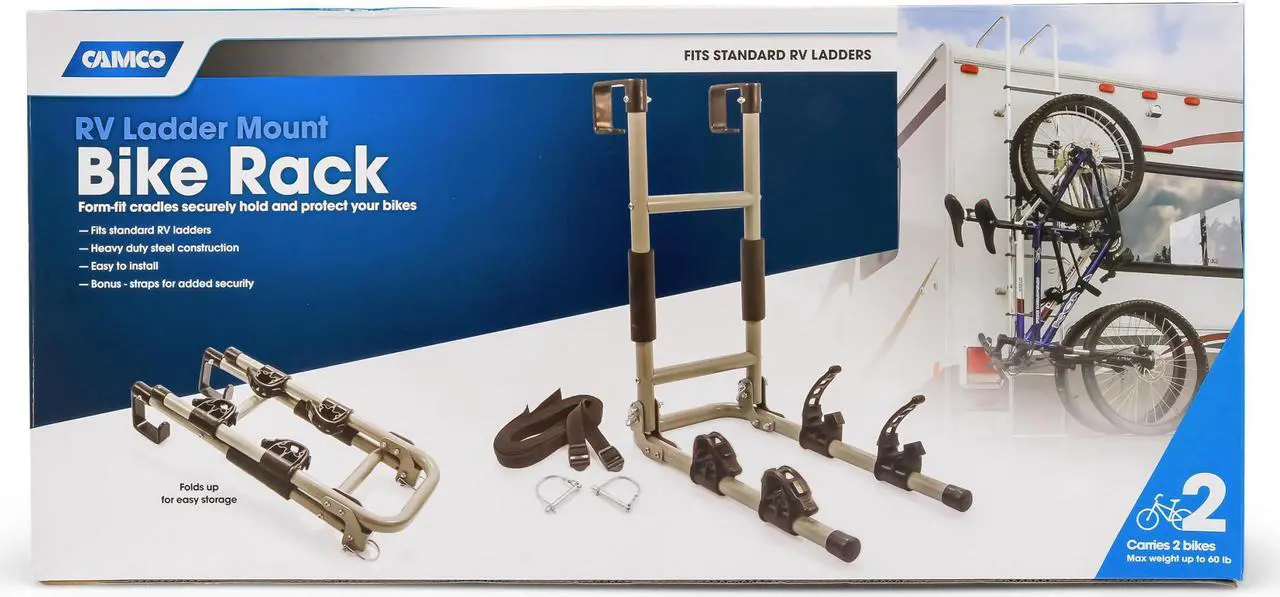 Alt view image 4 of 7 - camco rv ladder mount bike rack  easily installs on standard rv ladders, holds two bikes at once, folds for convenient storage 51492