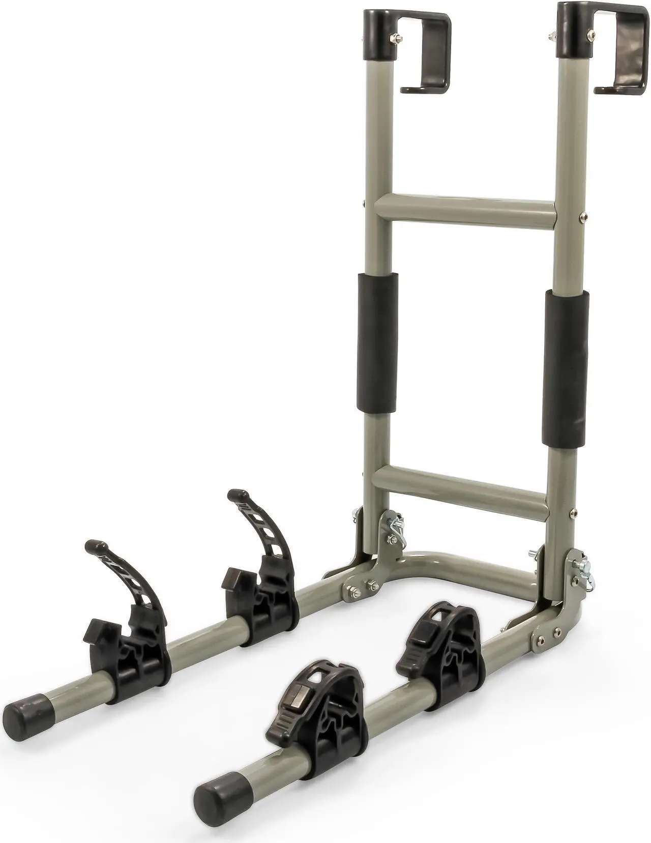 Alt view image 3 of 7 - camco rv ladder mount bike rack  easily installs on standard rv ladders, holds two bikes at once, folds for convenient storage 51492