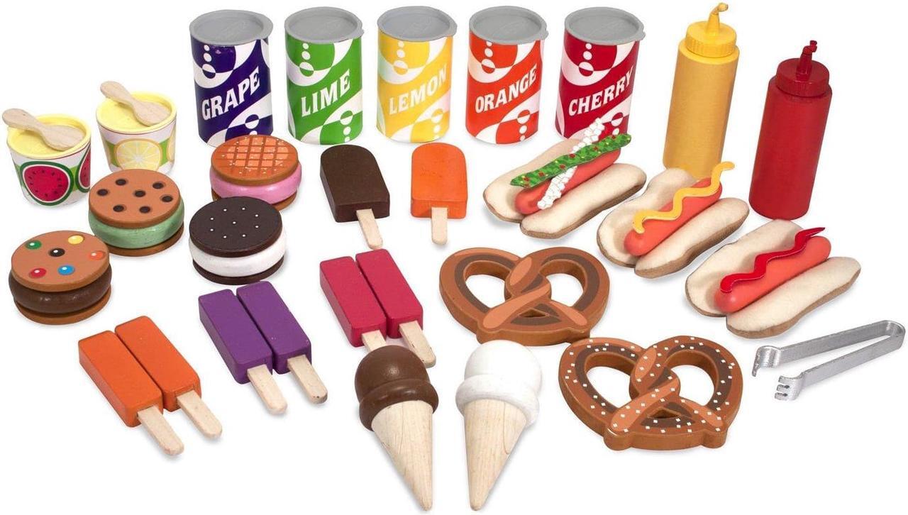 Alt view image 3 of 15 - Melissa & Doug Wooden Snacks and Sweets Food Cart - 40+ Play Food pcs, Reversible Awning