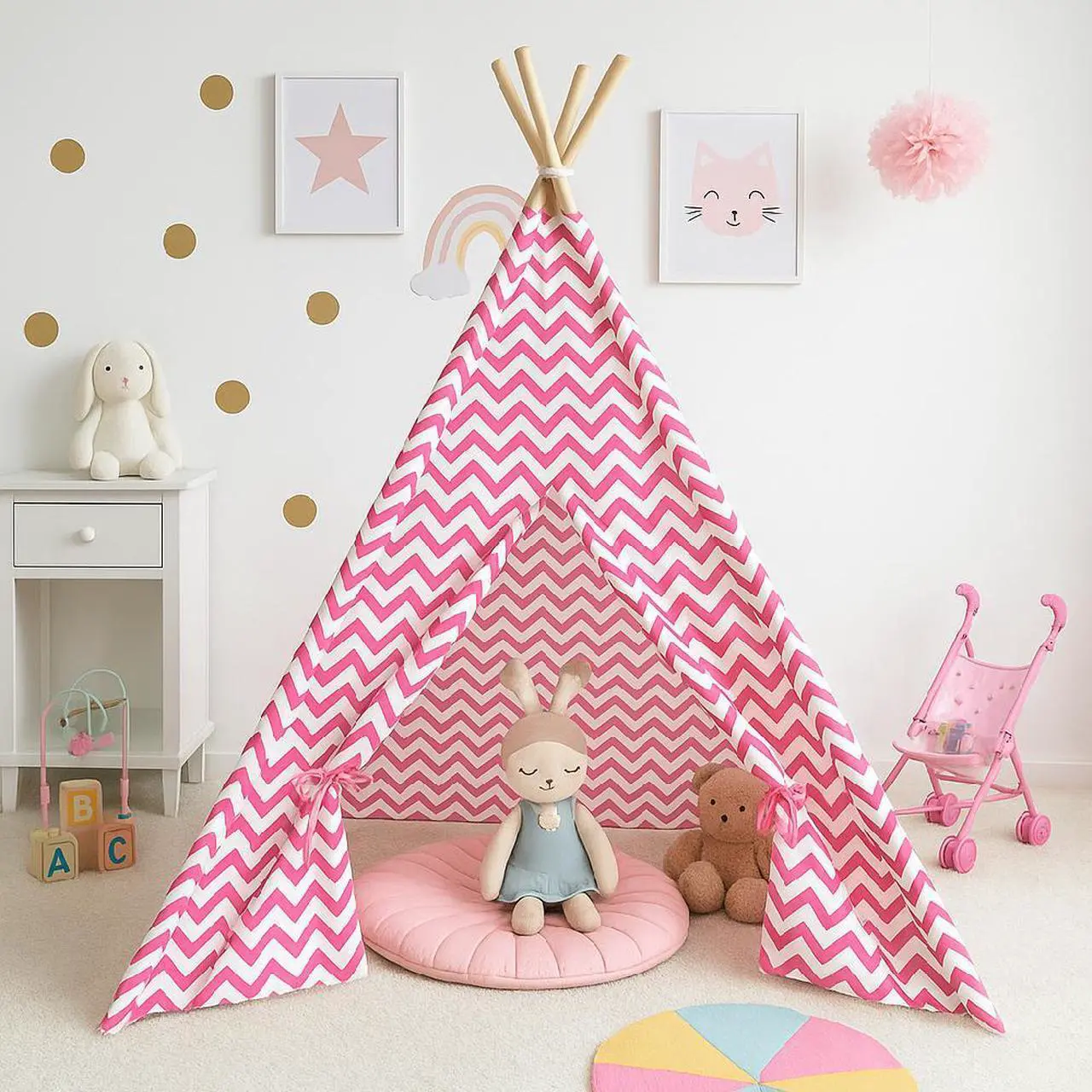 Main image of Modern Home Childrens Indoor Teepee Play Tent  Brown with White Polka Dots, Foldable Canvas Tent with Wooden Poles for Kids' Room or Play Area (Pink Chevron)