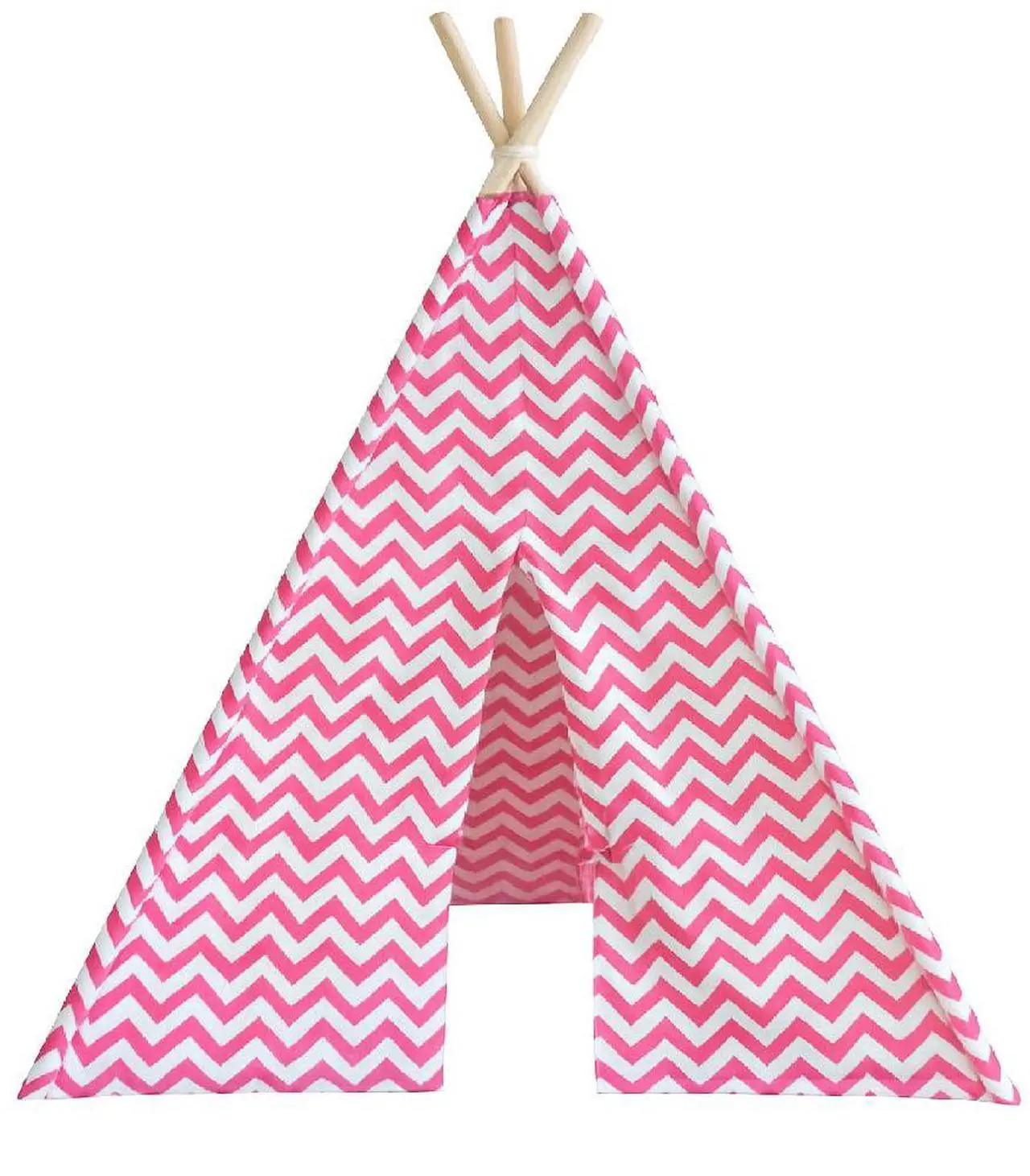 Alt view image 6 of 6 - Modern Home Childrens Indoor Teepee Play Tent  Brown with White Polka Dots, Foldable Canvas Tent with Wooden Poles for Kids' Room or Play Area (Pink Chevron)
