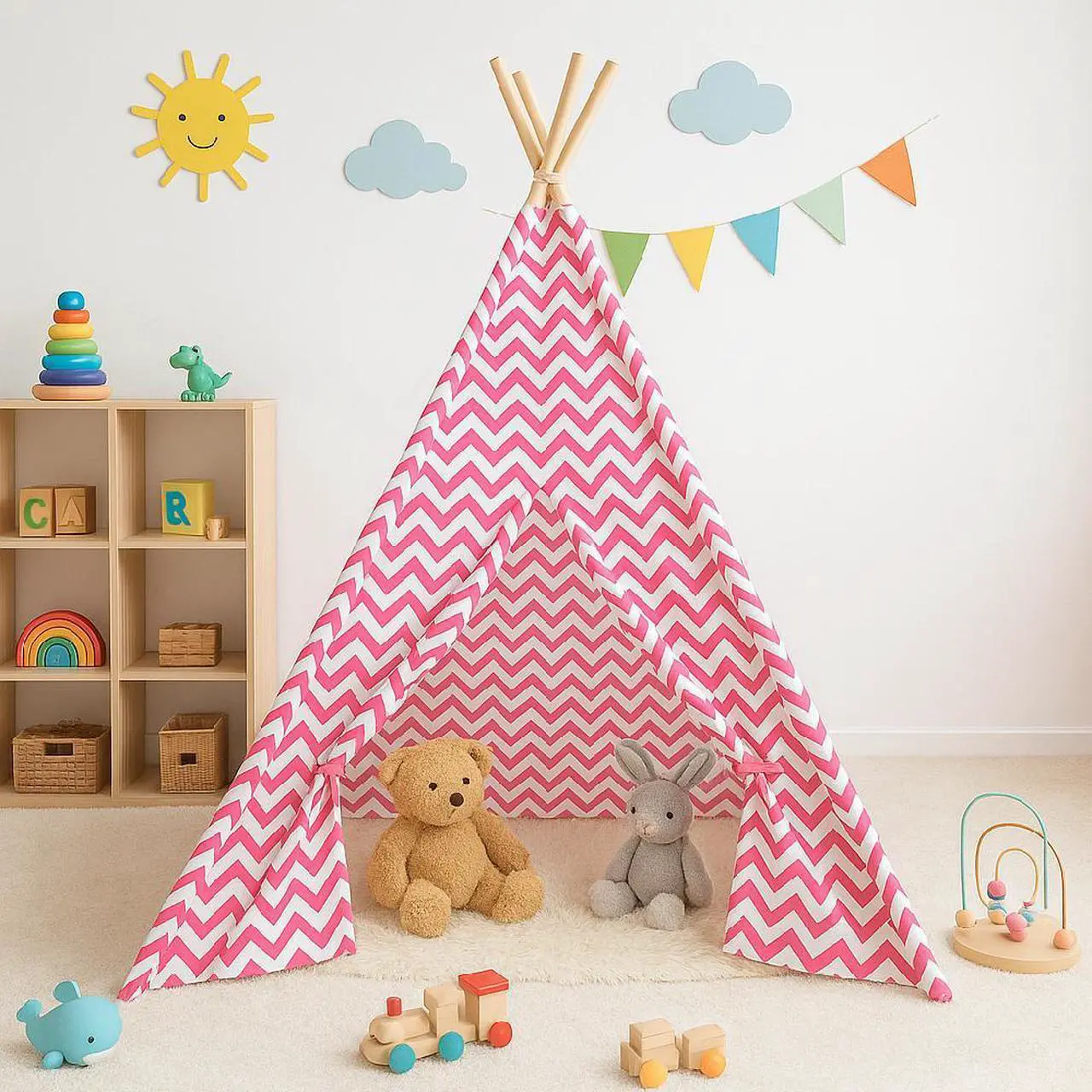 Alt view image 4 of 6 - Modern Home Childrens Indoor Teepee Play Tent  Brown with White Polka Dots, Foldable Canvas Tent with Wooden Poles for Kids' Room or Play Area (Pink Chevron)