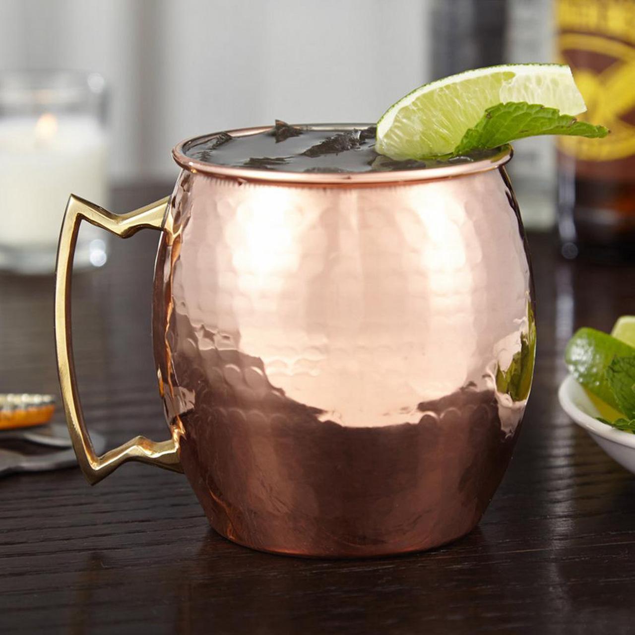 Alt view image 2 of 7 - Modern Home Handmade 16oz Solid Copper Mule Mug  Nickel Lined Barrel Shaped Mug with Brass Handle & Hammered Texture (Single)