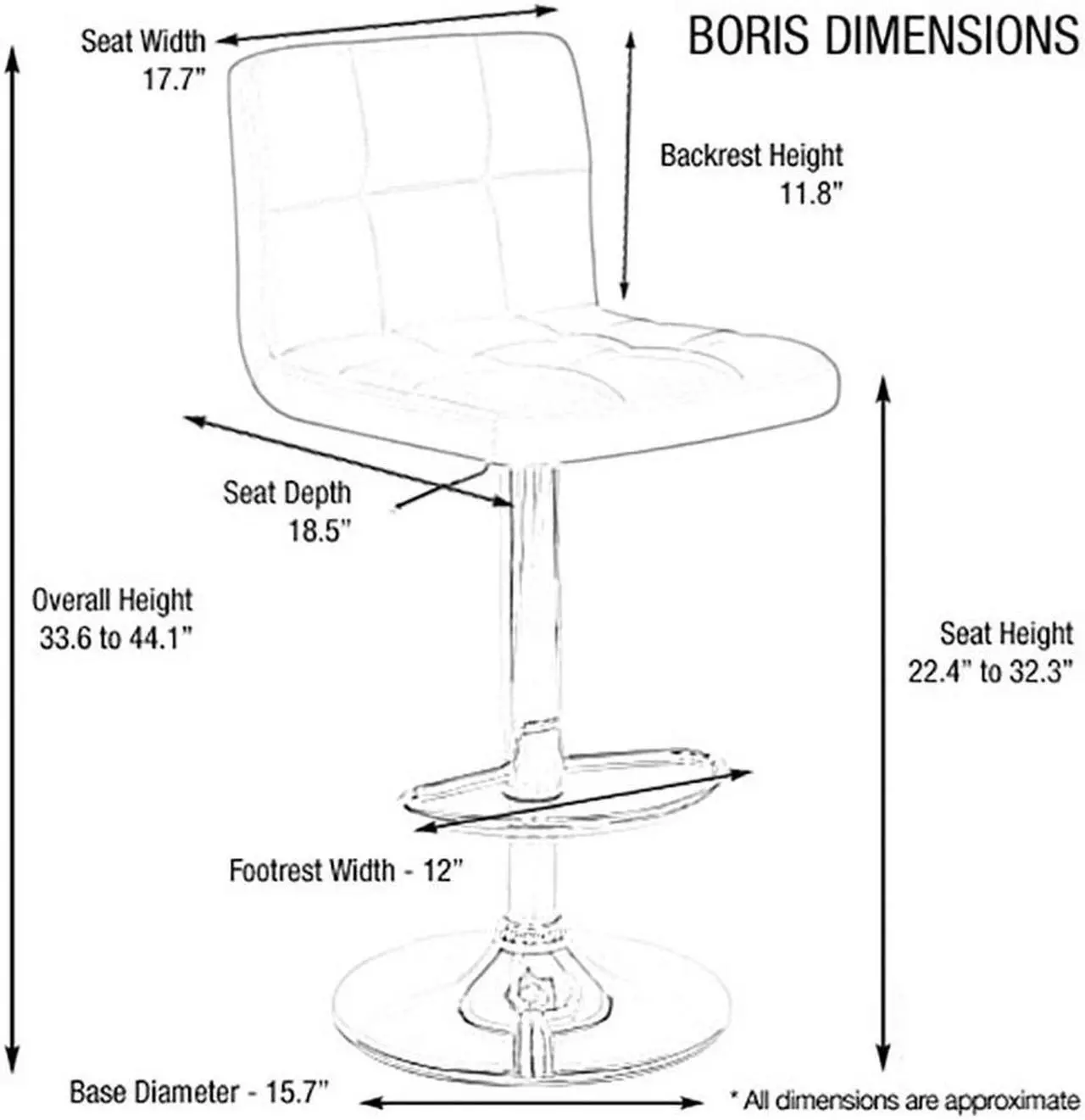 Alt view image 7 of 7 - Set of 2 Modern Home Boris Contemporary Adjustable Height Bar/Counter Stool - Chrome Base/Footrest Barstool (Coffee Brown)
