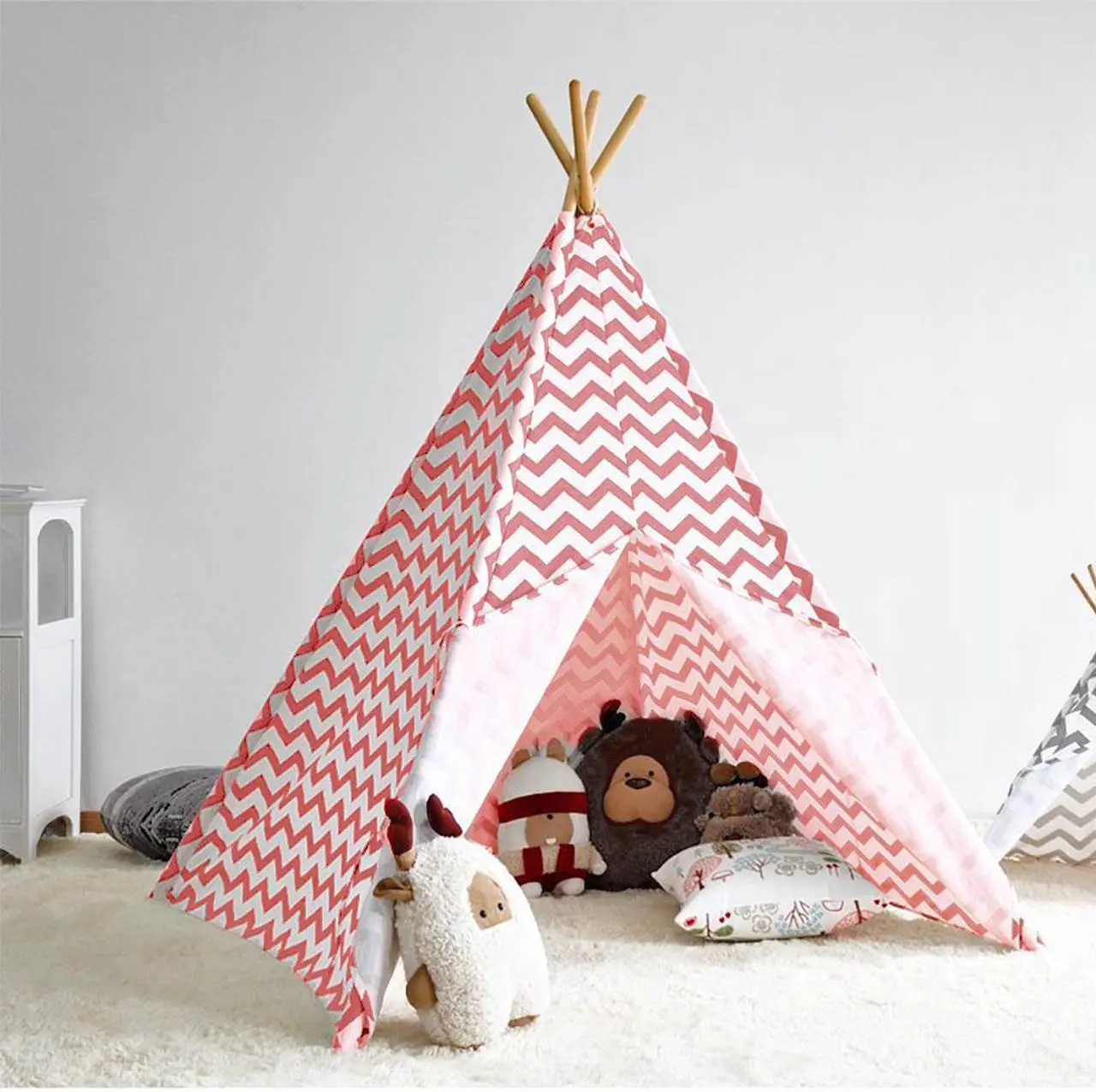 Alt view image 5 of 6 - Modern Home Childrens Indoor Teepee Play Tent  Brown with White Polka Dots, Foldable Canvas Tent with Wooden Poles for Kids' Room or Play Area (Pink Chevron)