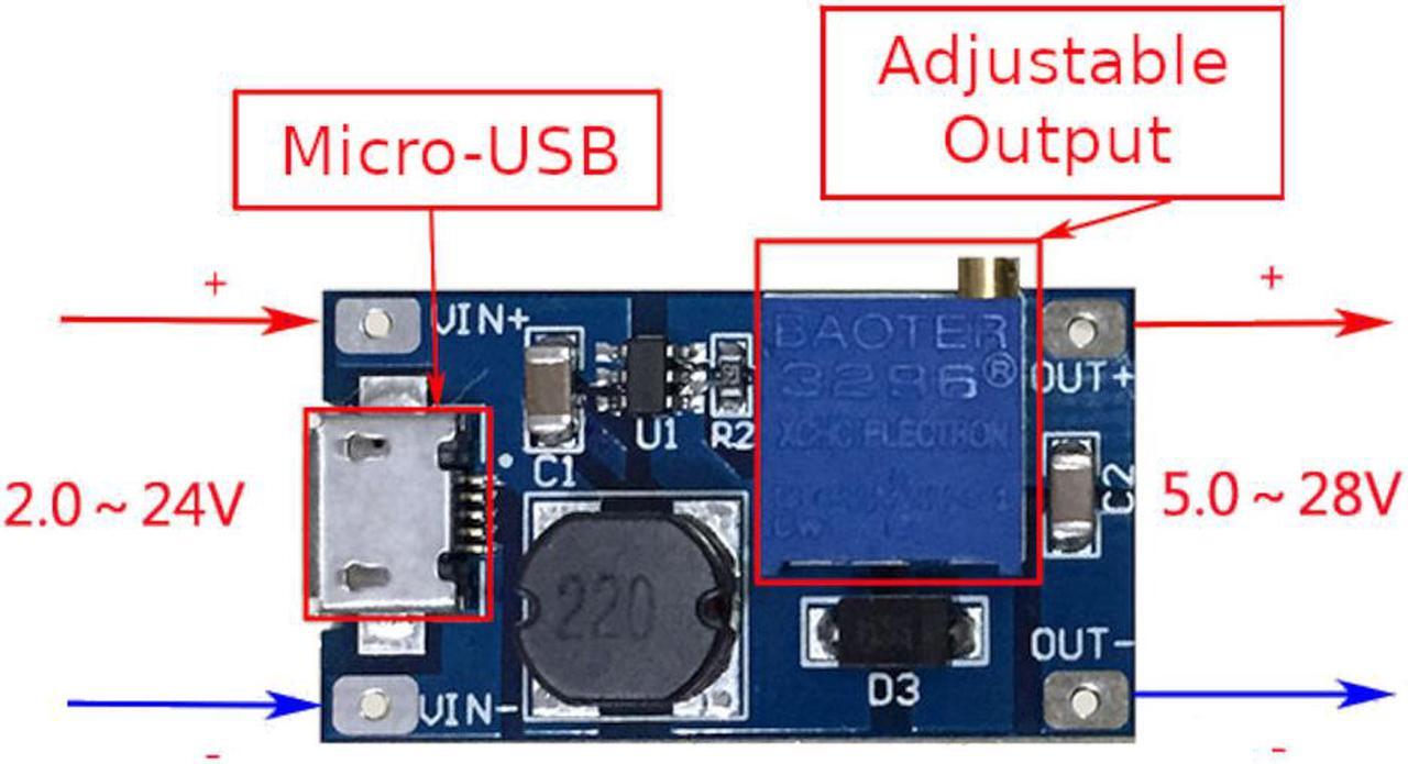 Alt view image 2 of 6 - 5pcs JacobsParts DC-DC Micro-USB Step Up Boost Module 2-24V Input 5V 9V 12V 28V Adjustable Output Power Converter MT3608