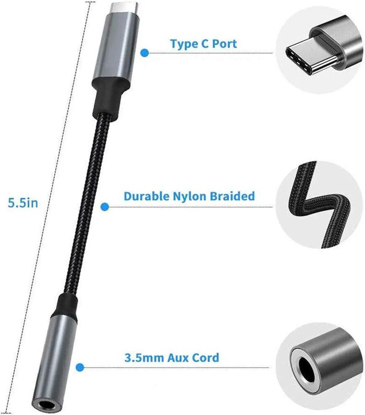 Alt view image 3 of 3 - USB-C Type C to 3.5mm 1/8" Aux Audio Jack Active DAC Headphone Adapter Cable