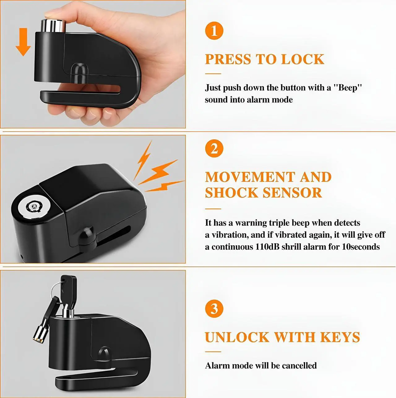 Alt view image 6 of 7 - JacobsParts Alarm Disc Lock Motorcycle Disc Brake Lock Anti-Theft Waterproof 110 dB 7mm Pin for Motorcycles Bike Scooter