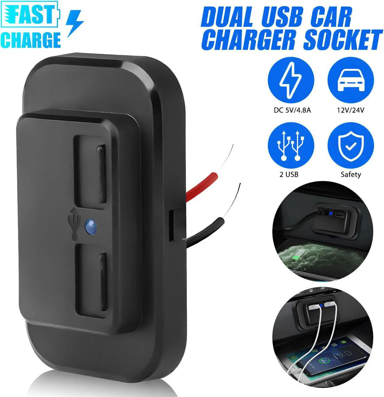 Main image of 12V USB Outlet Automotive USB Port Panel Mount 12V USB Charger Multi Port Switch Panel Car Charger Socket Power Dual Port 12V 24V Quick Car Charger for Cars Bus ATV RV Boat Truck, 3.1A