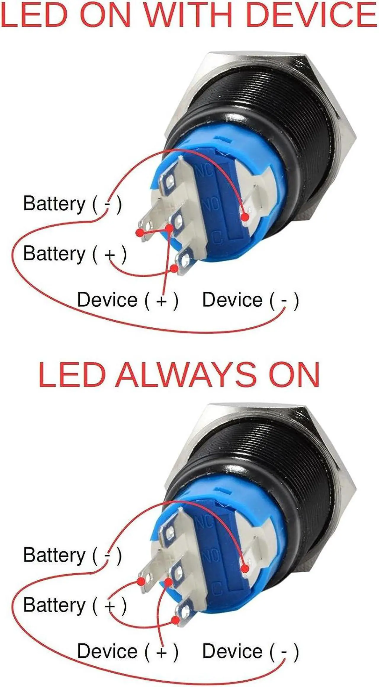Alt view image 5 of 5 - 19mm 12V LED Momentary Push Button Black Metal Power Switch, Blue