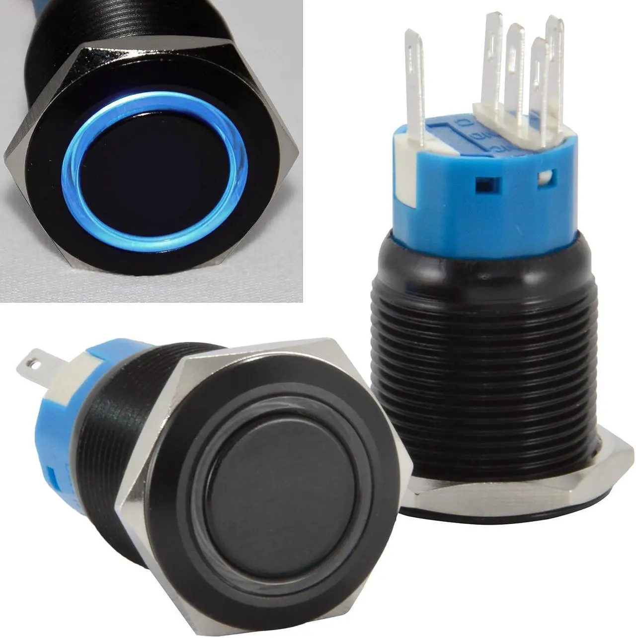 Main image of 19mm 12V LED Momentary Push Button Black Metal Power Switch, Blue