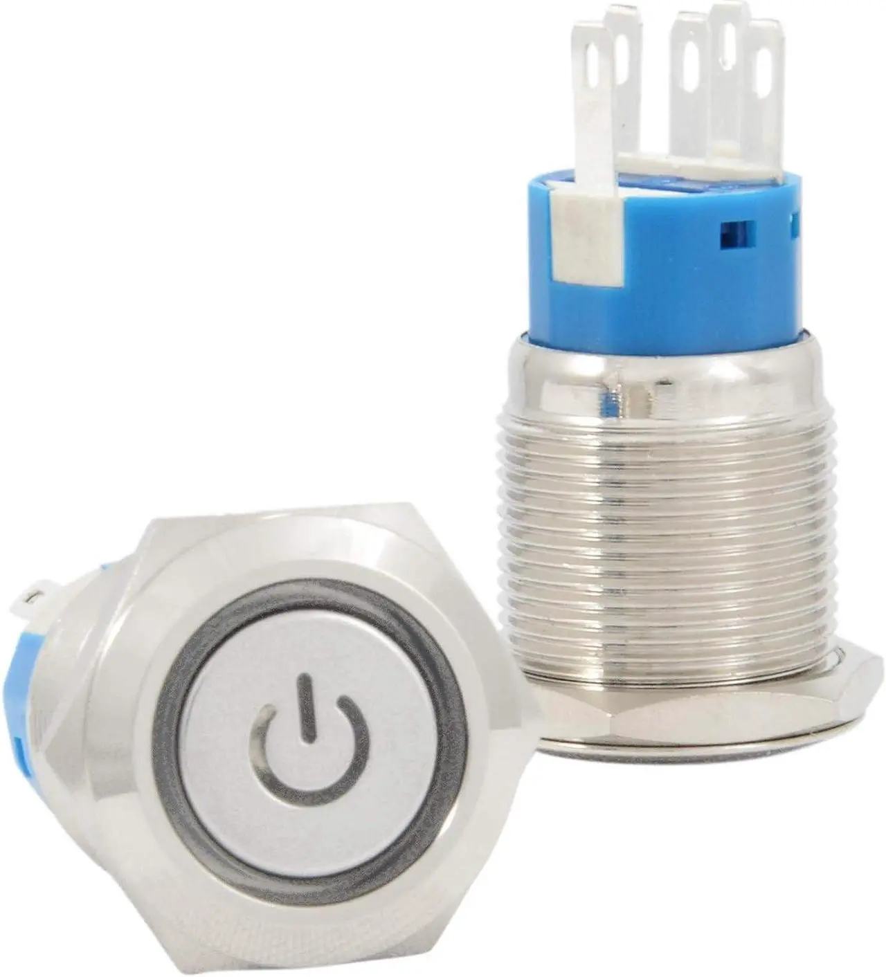 Main image of JacobsParts Momentary Pushbutton Starter Switch Circular Metal Silver with Blue Power Symbol LED Suitable for 3/4" (19mm) Diameter Panel Cutout Hole