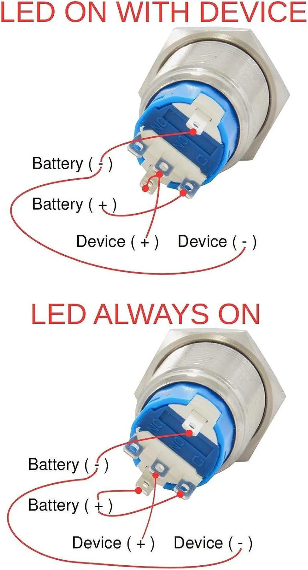 Alt view image 4 of 5 - JacobsParts Momentary Pushbutton Starter Switch Circular Metal Silver with Blue Power Symbol LED Suitable for 3/4" (19mm) Diameter Panel Cutout Hole