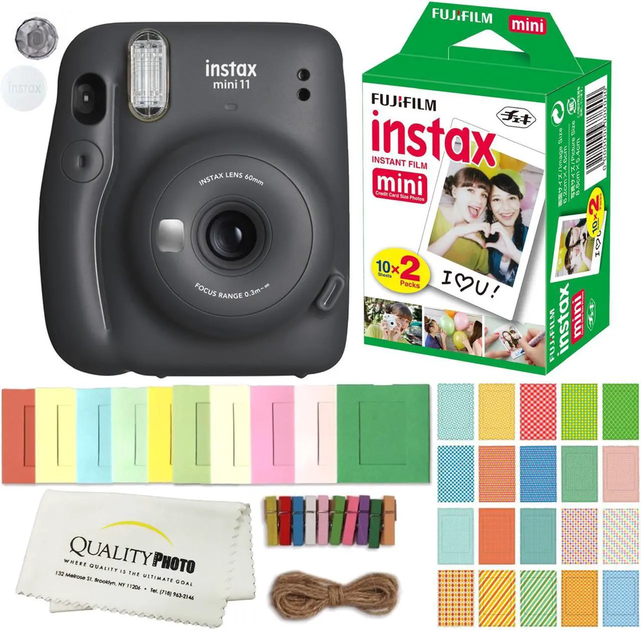 FUJIFILM INSTAX Mini 11 Instant Film Camera (Charcoal Gray) Plus Instax Film and Accessories Stickers, Hanging frames and Microfiber Cloth