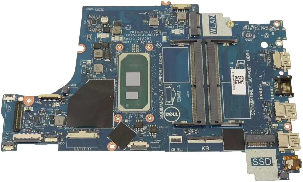 Main image of Dell 3DD3K FDI55 LA-J081P Laptop Motherboard for Inspiron 15 3493 3593 3793 - 10th Gen Intel Core i3-1005G1 - Integrated Intel Graphics - Dual-Channel DDR4