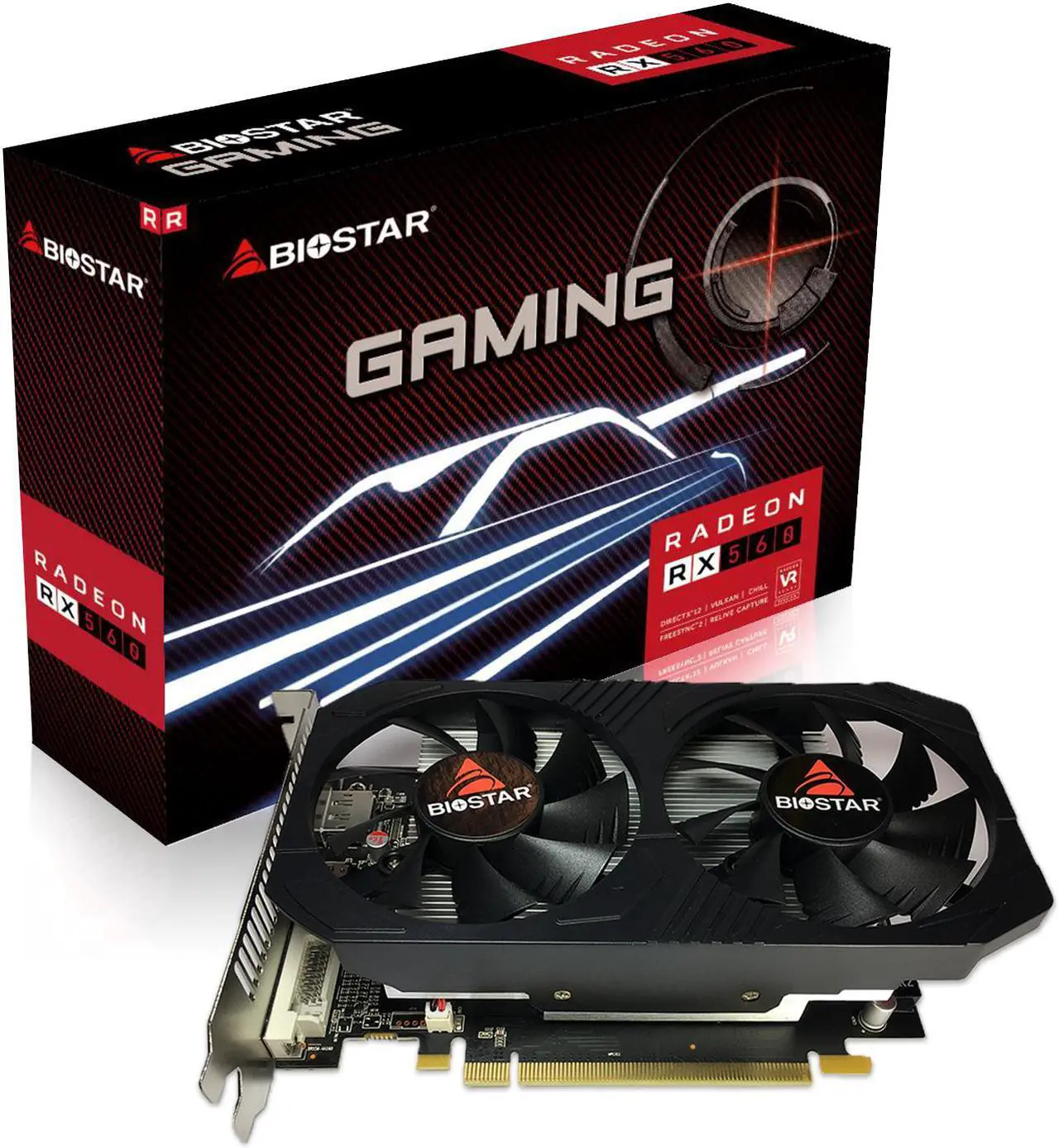Main image of Biostar Radeon RX 560 4GB GDDR5 128-Bit DirectX 12 PCI Express 3.0 DVI-D Dual Link, HDMI, DisplayPort and Dual Cooling Fan Gaming Edition VA5615RF41-TBVRA-BS2
