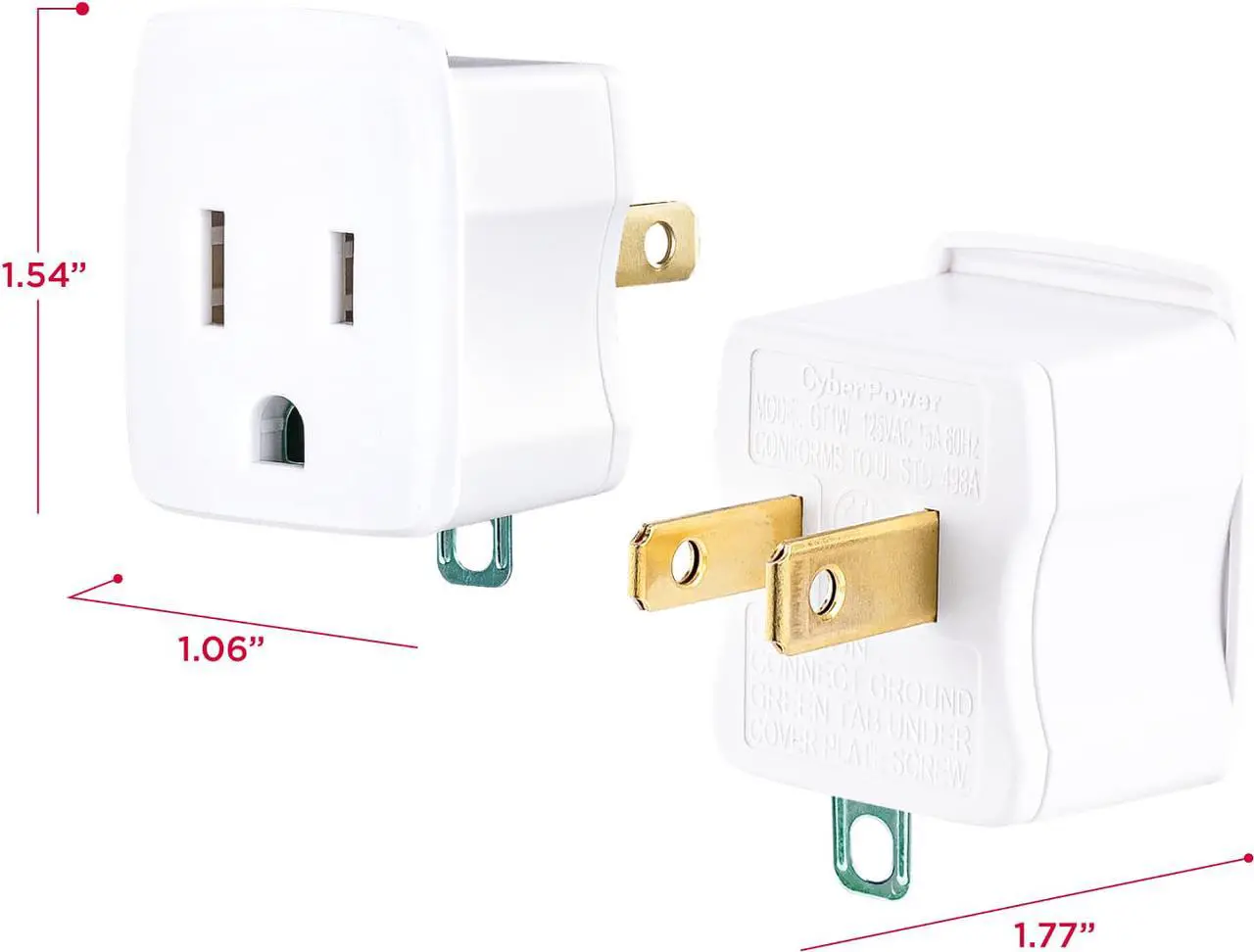 Alt view image 6 of 10 - CyberPower GT1W2PK Power Plug - NEMA 1-15P - 125 V AC / 15 A - White