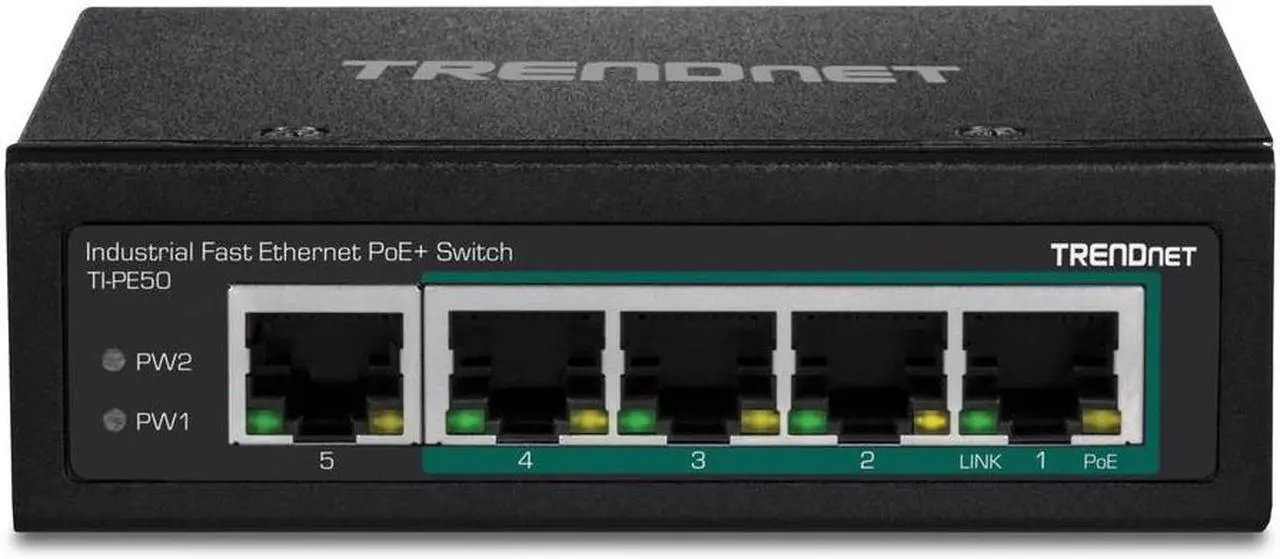 Main image of TRENDnet 5-Port Industrial Fast Ethernet DIN-Rail Switch, 4 x Fast Ethernet PoE+ Ports, 1 x Fast Ethernet Port, 90W PoE Power Budget, DIN-Rail, IP30 Rated, Black, TI-PE50