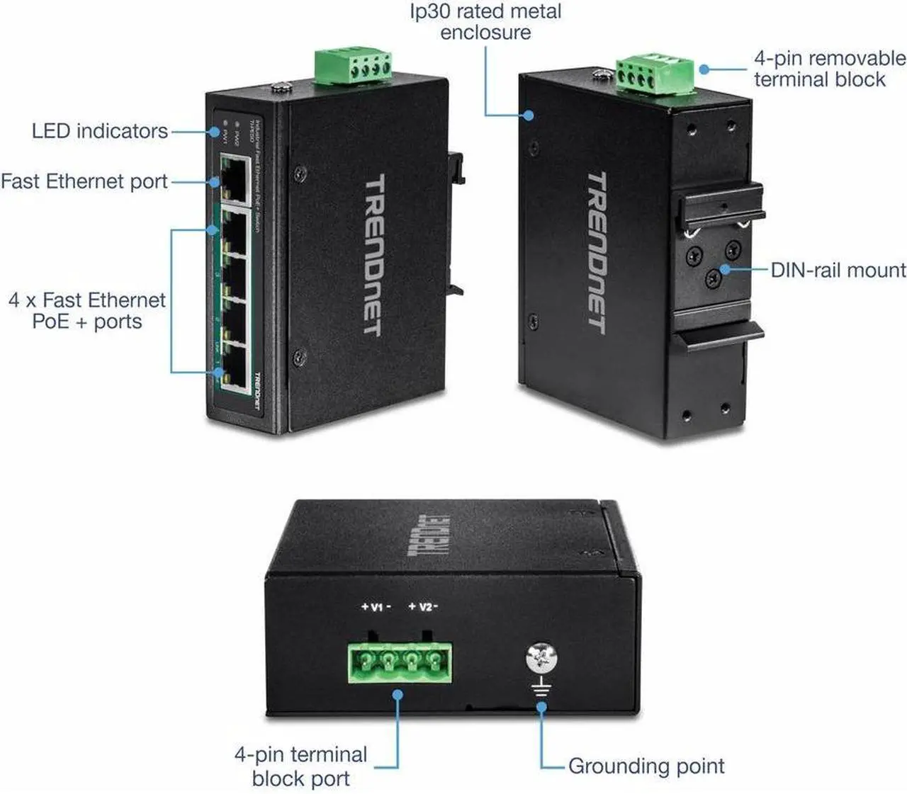Alt view image 16 of 19 - TRENDnet 5-Port Industrial Fast Ethernet DIN-Rail Switch, 4 x Fast Ethernet PoE+ Ports, 1 x Fast Ethernet Port, 90W PoE Power Budget, DIN-Rail, IP30 Rated, Black, TI-PE50