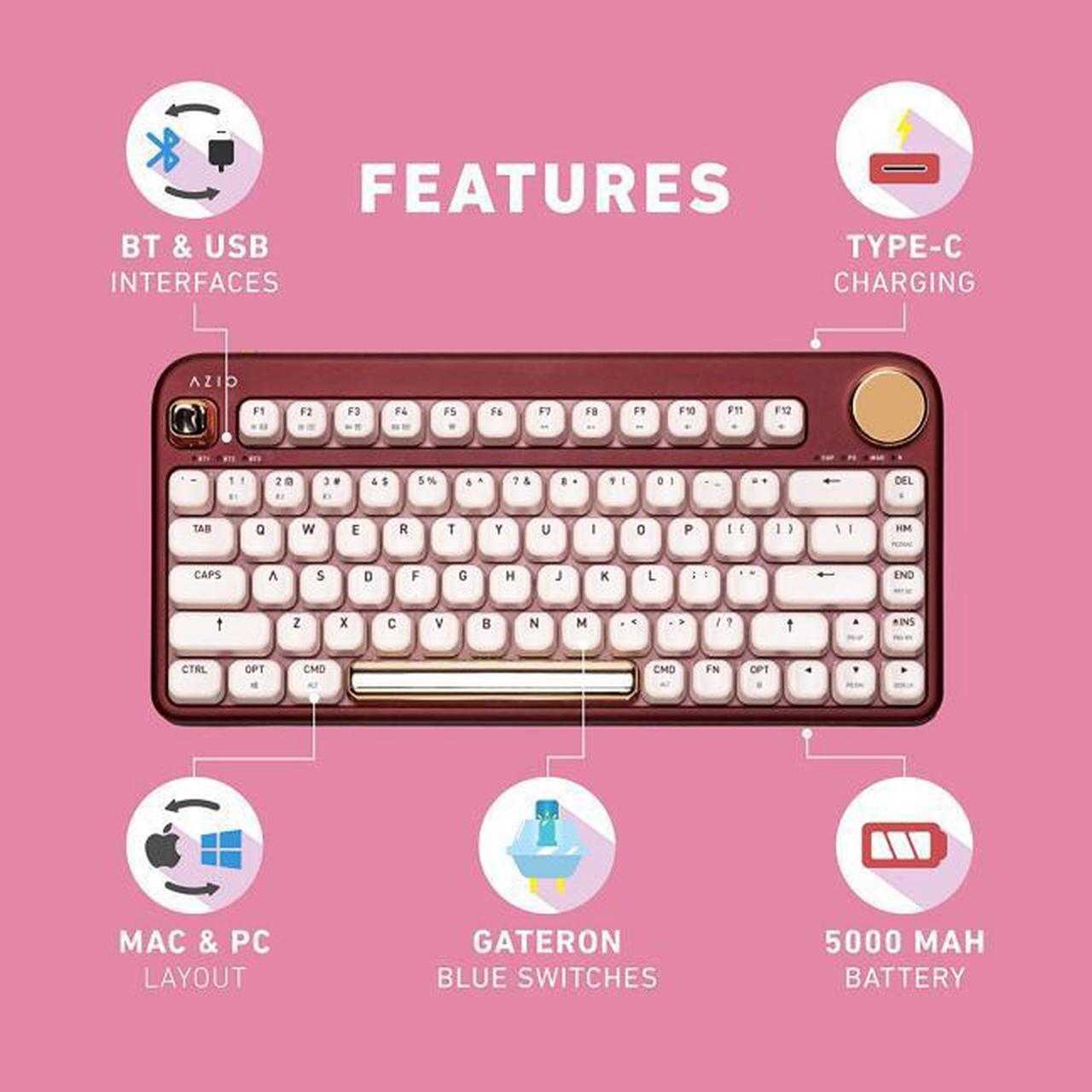 Alt view image 6 of 17 - AZIO IZO Wireless Bluetooth Mechanical Keyboard Baroque Rose