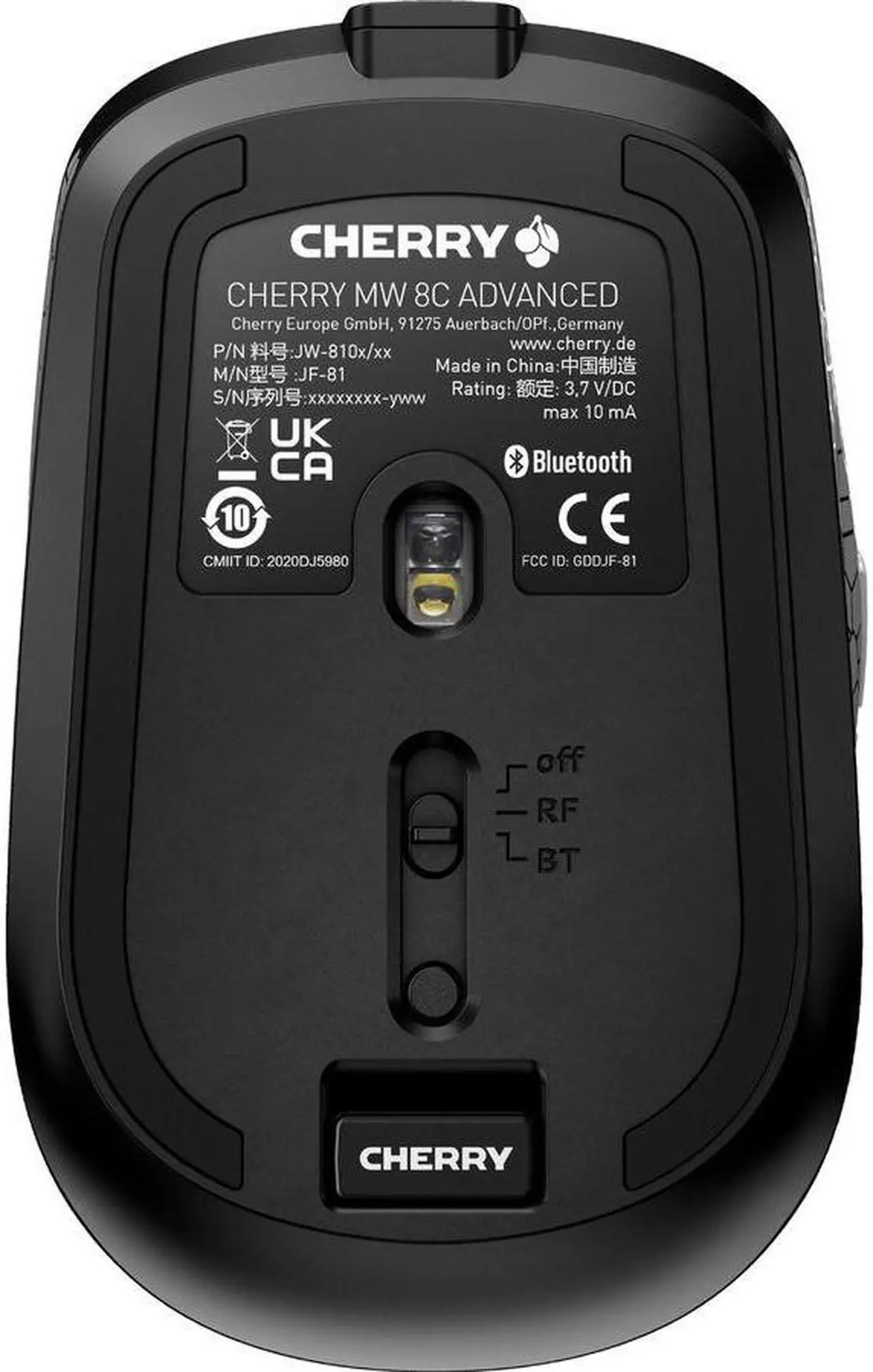 Alt view image 2 of 14 - CHERRY MW 8C ADVANCED Rechargeable Wireless Mouse - Laser - Wireless - Bluetooth - 2.40 GHz - Yes - Black - USB - 3200 dpi - Scroll Wheel - 6 Button(s) - Symmetrical