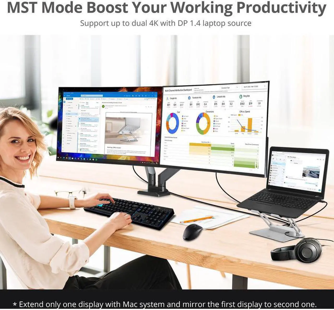 Alt view image 6 of 20 - USB-C Laptop Adjustable Stand w/Dual 4K MST Docking Station - USB-C Laptop Stand with Dual 4K MST Docking Station, adds Dual 4K@30Hz displays, one USB-C 5Gbps, two USB-A 5Gbps, one Gigabit Ethernet, o
