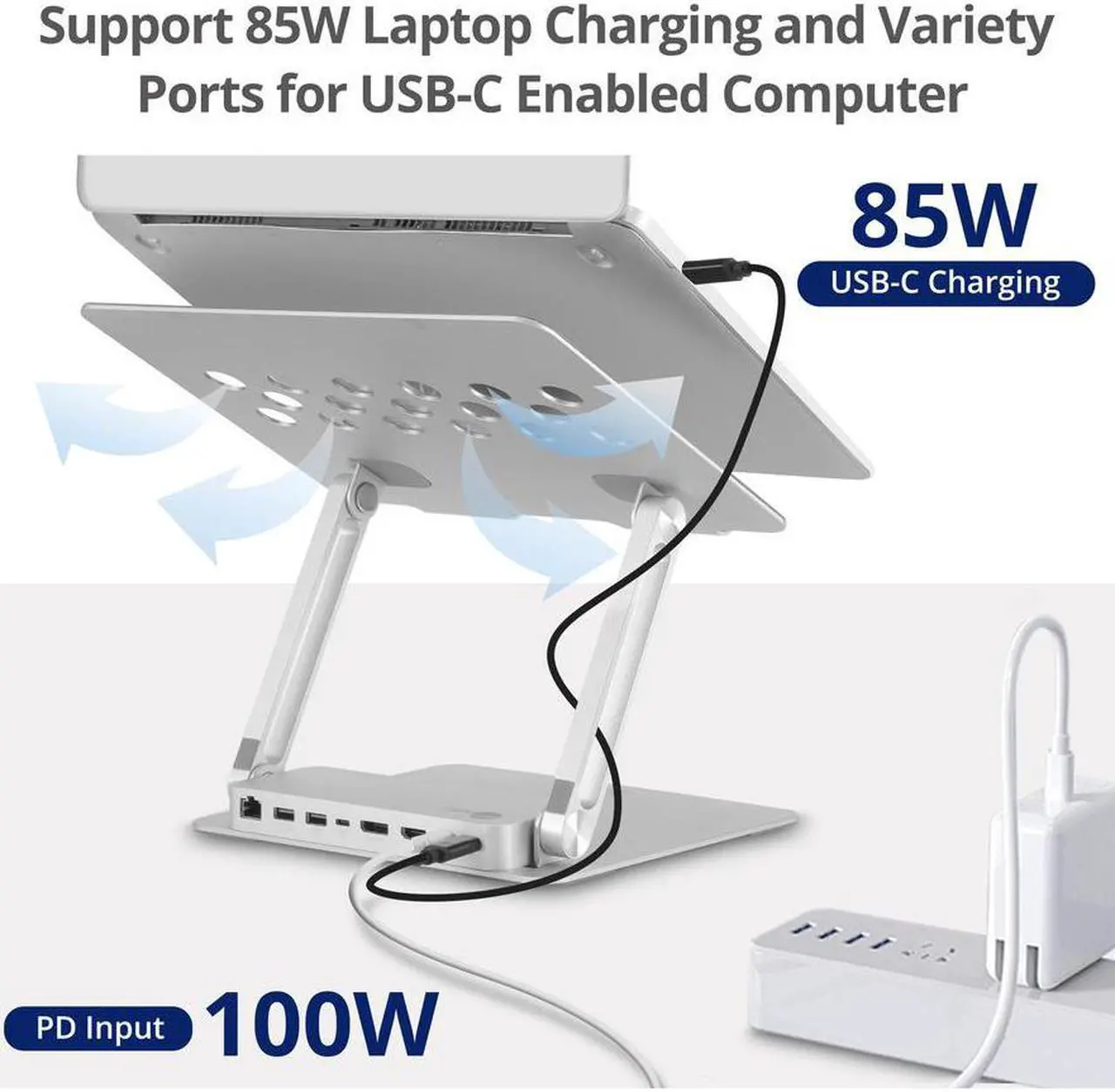 Alt view image 7 of 20 - USB-C Laptop Adjustable Stand w/Dual 4K MST Docking Station - USB-C Laptop Stand with Dual 4K MST Docking Station, adds Dual 4K@30Hz displays, one USB-C 5Gbps, two USB-A 5Gbps, one Gigabit Ethernet, o