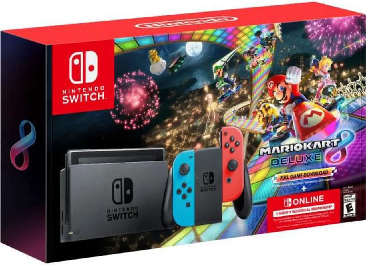 Main image of Nintendo Switch w/ Neon Blue & Neon Red Joy-Con + Mario Kart 8 Deluxe (Full Game Download) + 3 Month Nintendo Switch Online Individual Membership