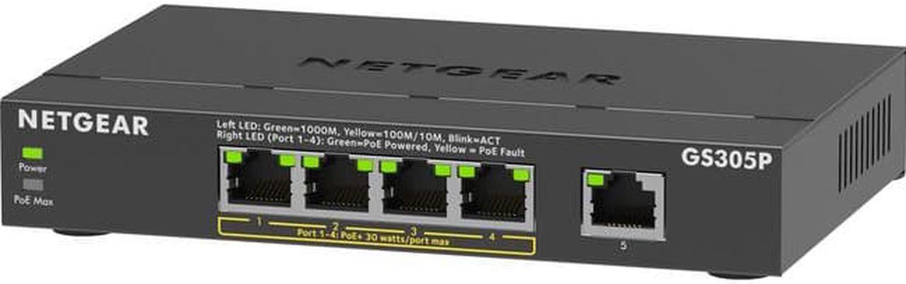 Netgear GS305P Ethernet Switch - 5 Ports - Gigabit Ethernet - 2 Layer Supported - 66.78 W Power Consumption - 63 W PoE Budget - PoE Ports - Desktop, Wall Mountable - 3 Year Limited Warranty