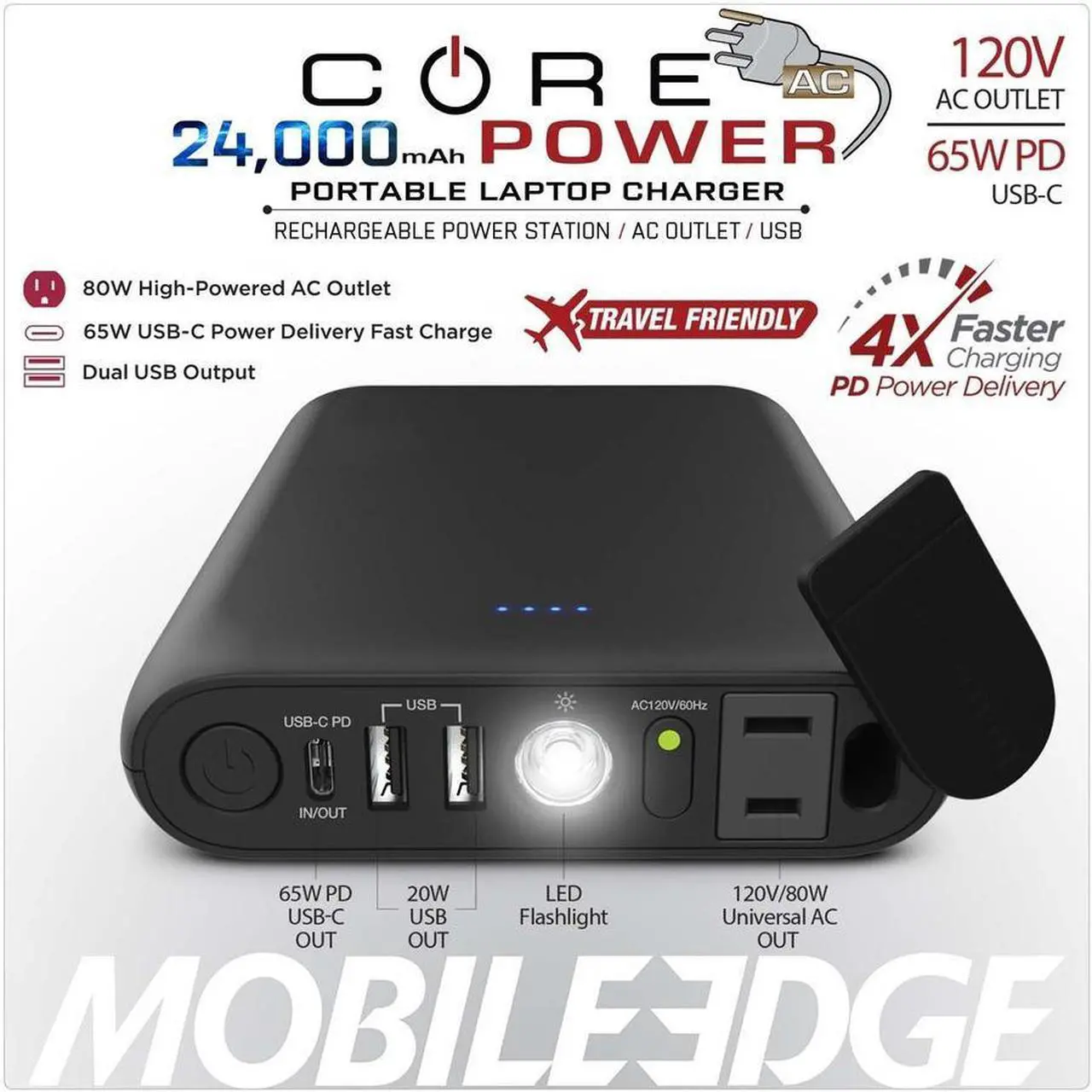 Alt view image 7 of 13 - Mobile Edge CORE Power 24,000mAh AC/USB Laptop Power Charger