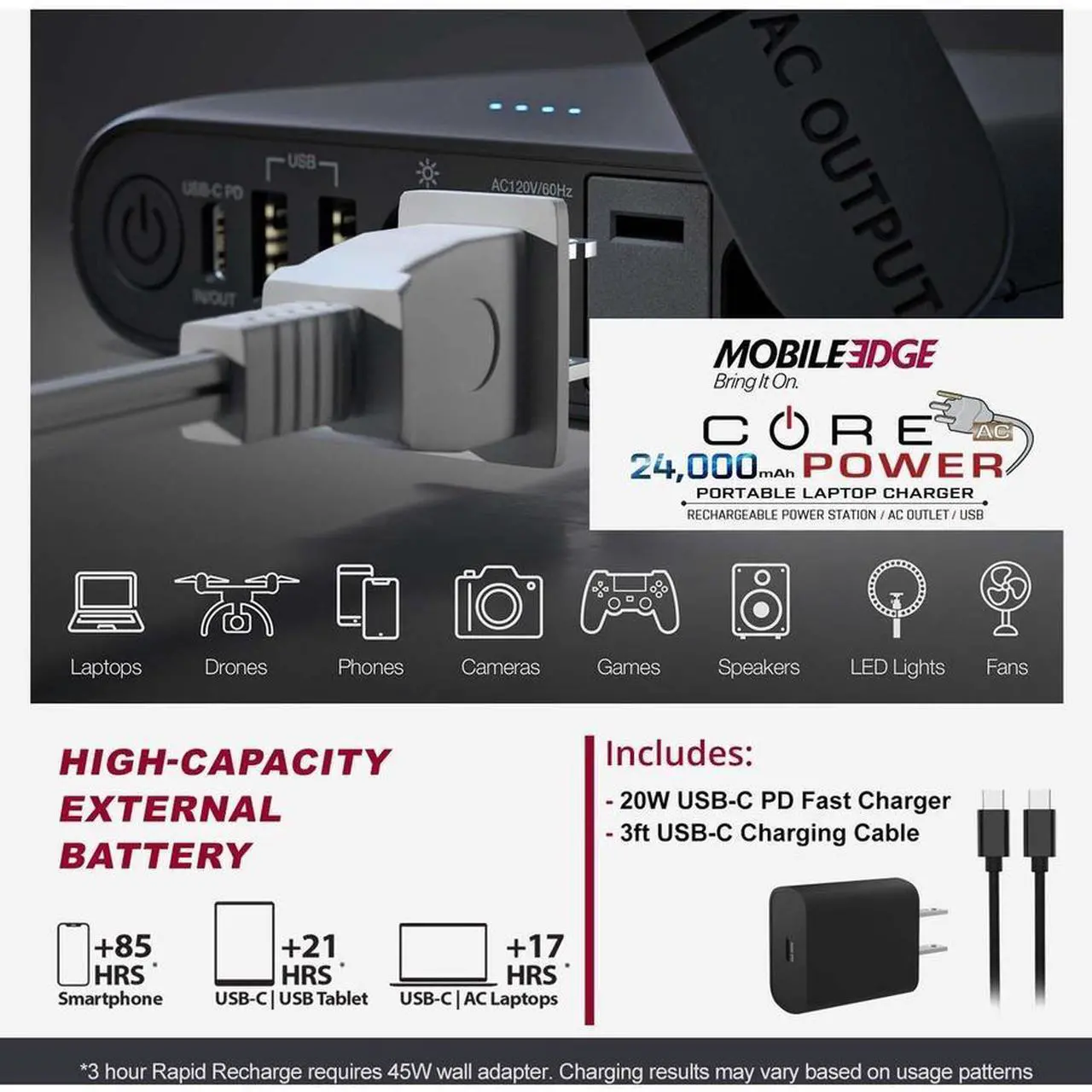 Alt view image 8 of 13 - Mobile Edge CORE Power 24,000mAh AC/USB Laptop Power Charger