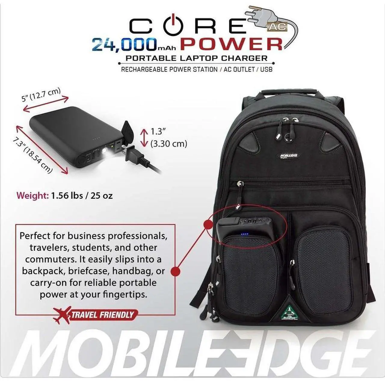 Alt view image 6 of 13 - Mobile Edge CORE Power 24,000mAh AC/USB Laptop Power Charger