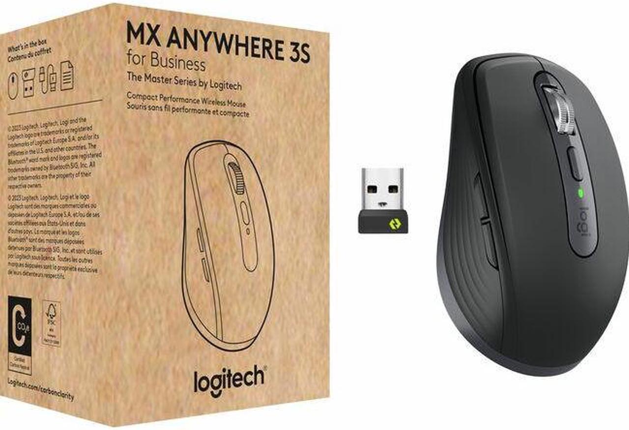 Logitech MX Anywhere 3S for Business - Wireless Mouse - Darkfield - Wireless - Bluetooth - Rechargeable - Graphite - USB Type C - 1000 dpi - 6 Button(s) - 4 Programmable Button(s)