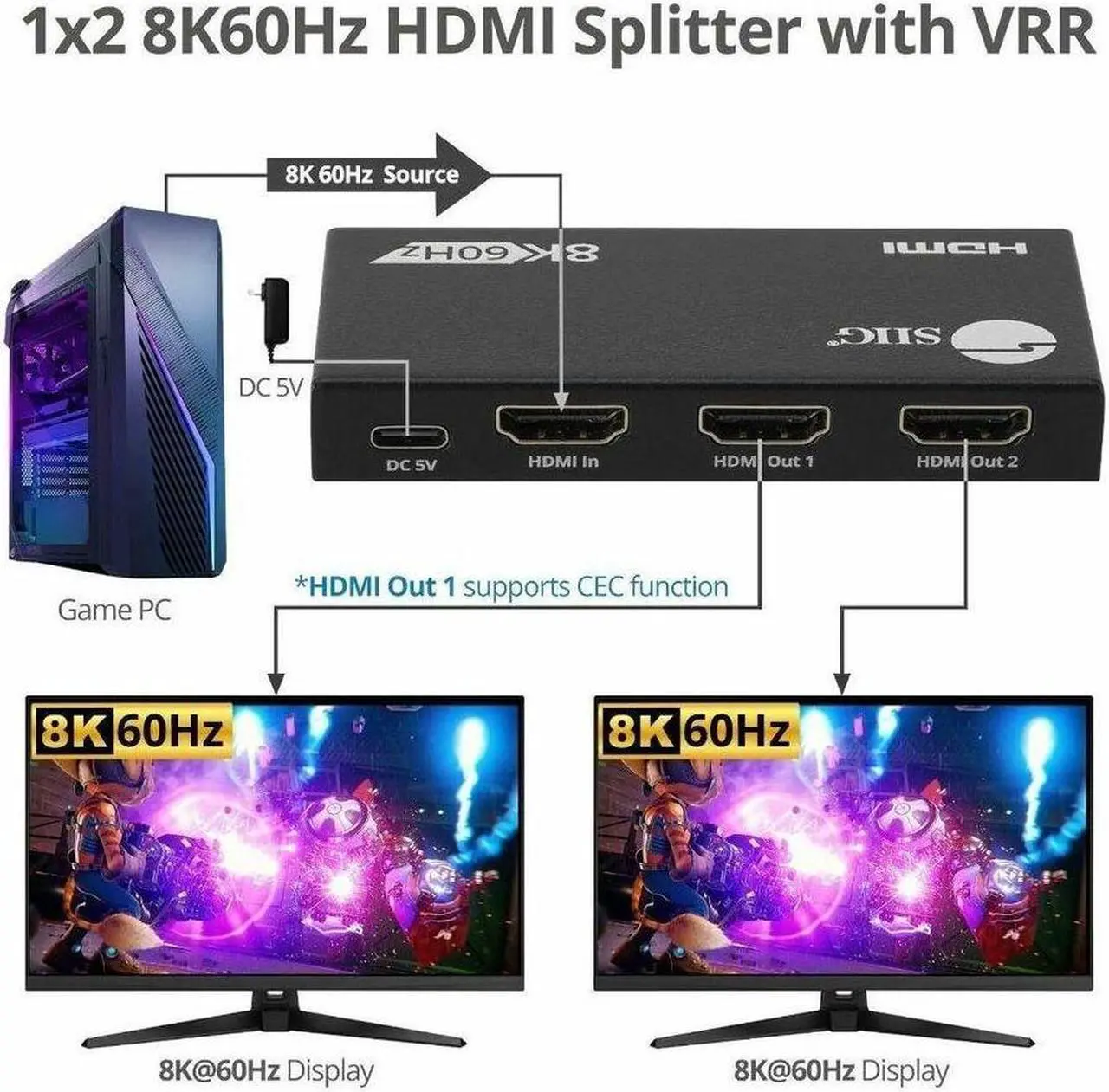 Alt view image 5 of 9 - SIIG 1x2 8K60Hz HDMI Splitter with VRR/ALLM 40G EDID management CE-H27N11-S1 Down scaler Brown Box