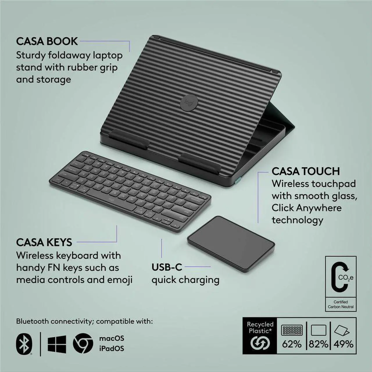 Alt view image 5 of 20 - Logitech Casa Pop Up Desk Work From Home Kit with Laptop Stand (CLASSIC CHIC)