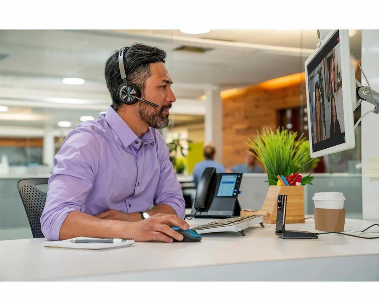 Alt view image 7 of 13 - Poly Voyager Focus 2 USB-C-C Headset + USB-C/A Adapter - Google Assistant, Siri - Stereo - USB Type C - Wired/Wireless - Bluetooth - 298.6 ft - Over-the-head - Binaural - Supra-aural - 4" Cable -