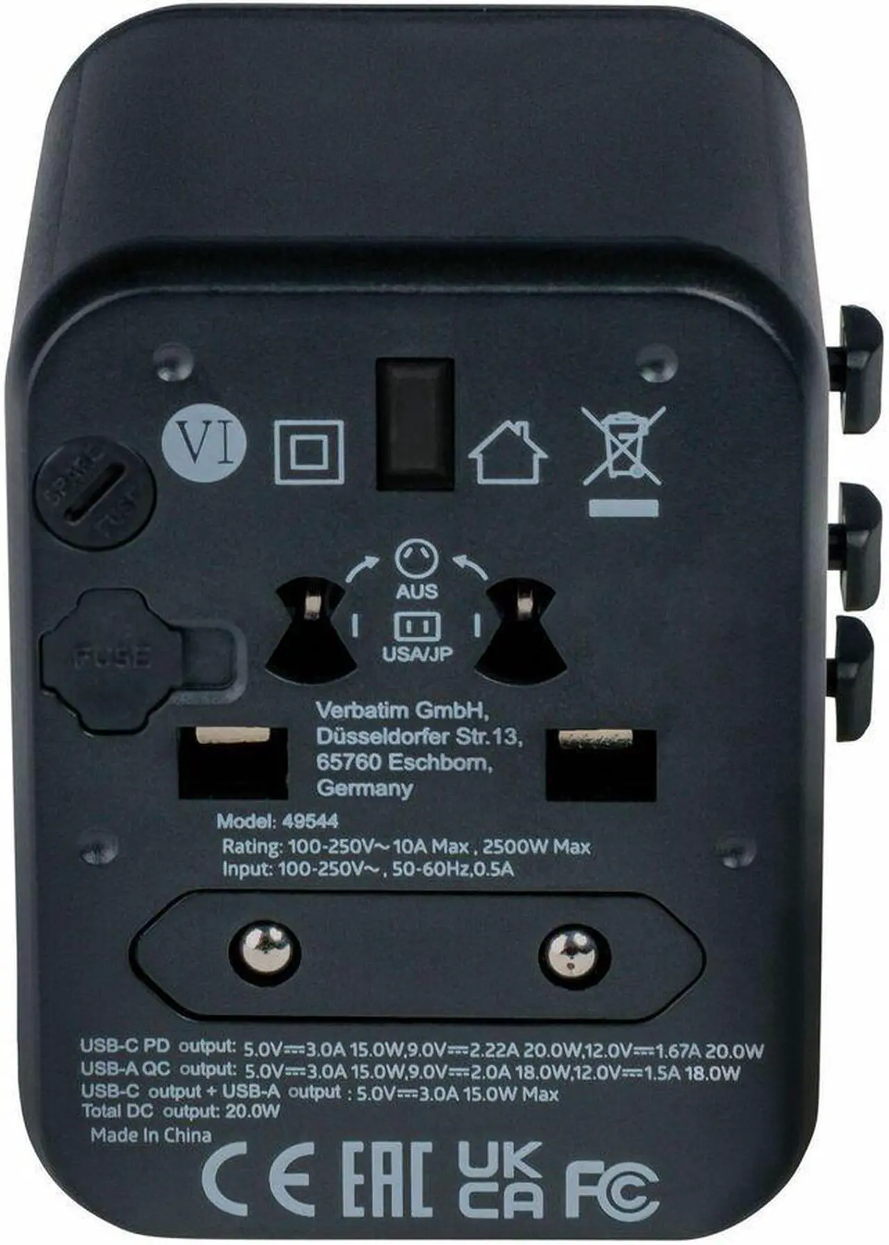 Alt view image 6 of 8 - Verbatim UTA-02 Universal Travel Adapter 20W - USB -C, USB-A - 120 V AC, 230 V AC Input - 5 V DC/10 A, 9 V DC, 12 V DC Output