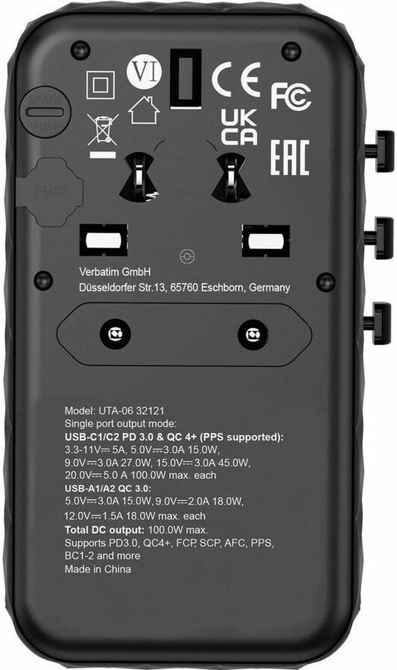 Alt view image 4 of 14 - Verbatim UTA-06 Gan III Universal Travel Adapter 100W - USB-C, USB-A - 100 W - 120 V AC, 230 V AC Input