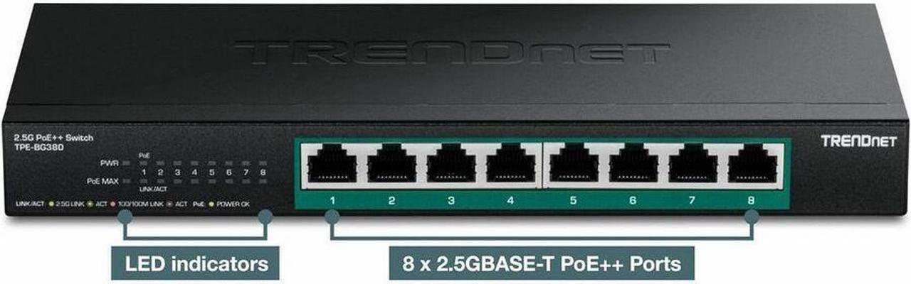 Alt view image 9 of 16 - TRENDnet 8-Port 2.5G PoE++ Switch, TPE-BG380, 8 x 2.5GB PoE++ Ports, 230W Poe Power Budget, 40Gbps Switching Capacity, NDAA + TAA Compliant, Lifetime TRENDnet Protection