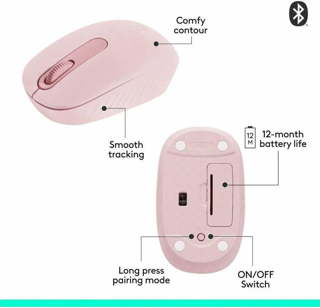 Alt view image 5 of 7 - Logitech M196 Bluetooth Wireless Mouse, Compact and Portable Mouse for Laptops, Tablets and More, 12-Month Battery, Smooth Tracking, Compatible With PC and Mac, Windows and macOS (Rose) - Optical - Wi