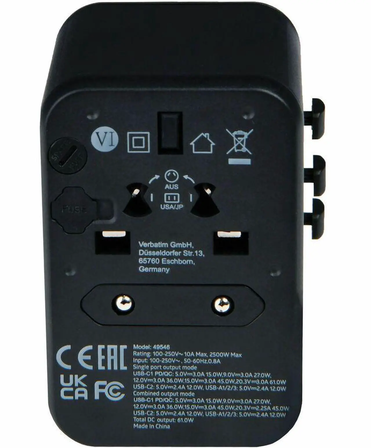 Alt view image 4 of 8 - Verbatim UTA-04 Universal Travel Adapter 61W - USB -C, USB-A - 61 W - 120 V AC, 230 V AC Input - 1