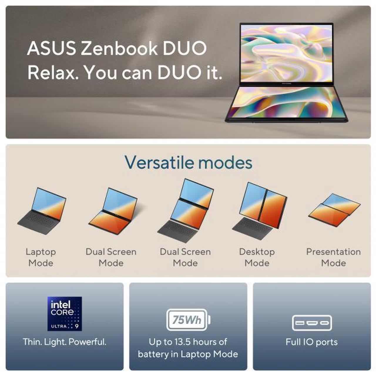 Alt view image 3 of 7 - ASUS Zenbook DUO Dual 14" OLED 3K 120Hz Touchscreen Laptop Intel Core Ultra 9 285H 32GB RAM 1TB SSD Inkwell Gray