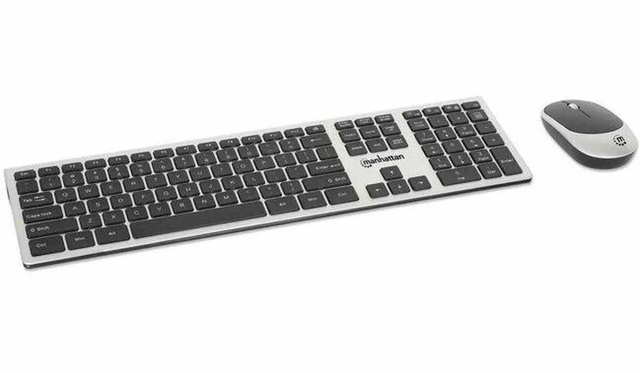 Main image of Manhattan MWK7400 Wireless USB Keyboard and Mouse Combo Set - USB Type A Scissors Wireless RF 2.40 GHz Keyboard - 109 Key - Silver, Black - USB Type A Wireless RF Mouse - Optical - 1200 dpi - 3 Button