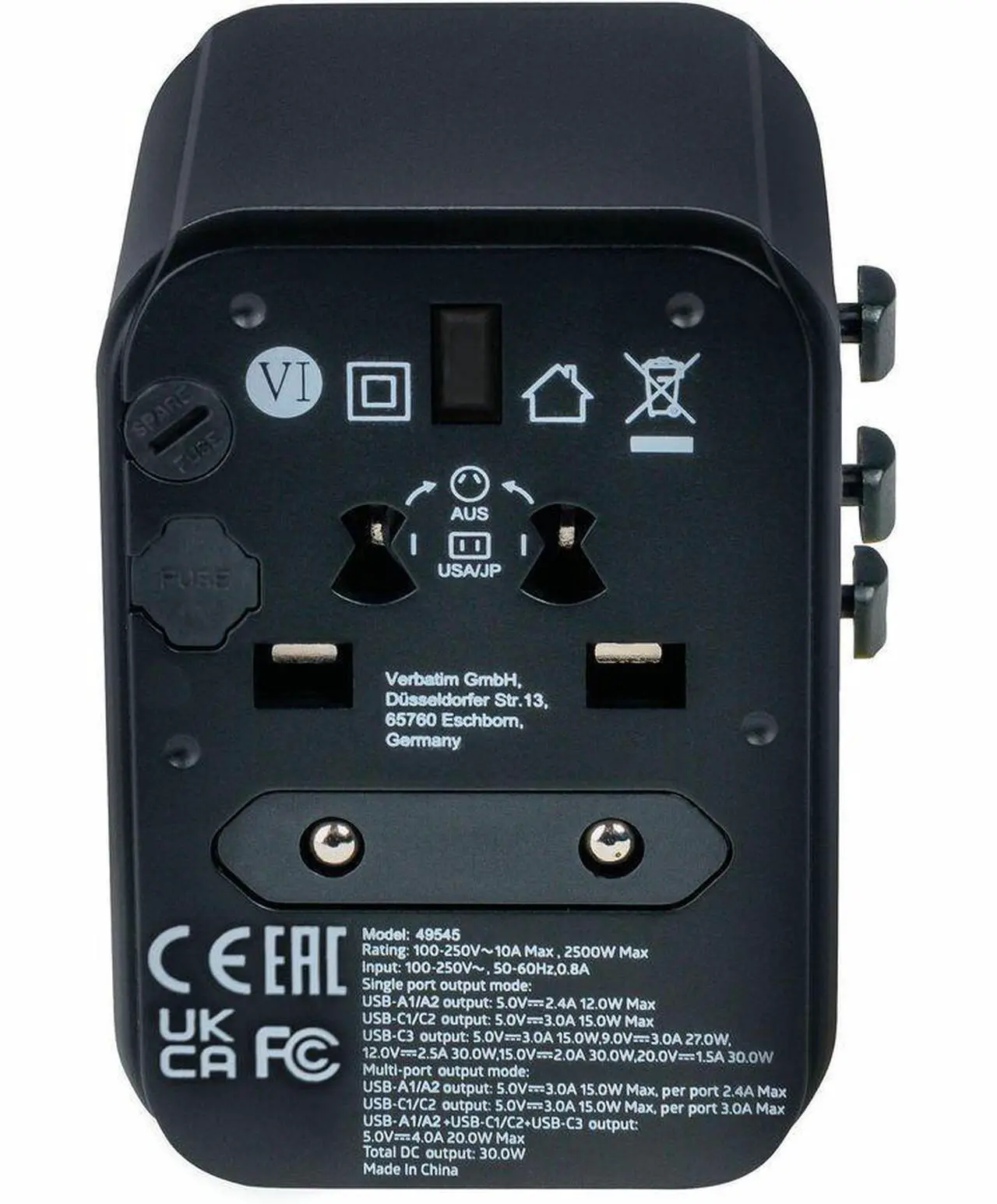 Alt view image 2 of 8 - Verbatim UTA-03 Universal Travel Adapter 30W - USB -C, USB-A - 120 V AC, 230 V AC Input - 5 V DC, 9 V DC, 12 V DC, 15 V DC, 20 V DC Output - 3 A