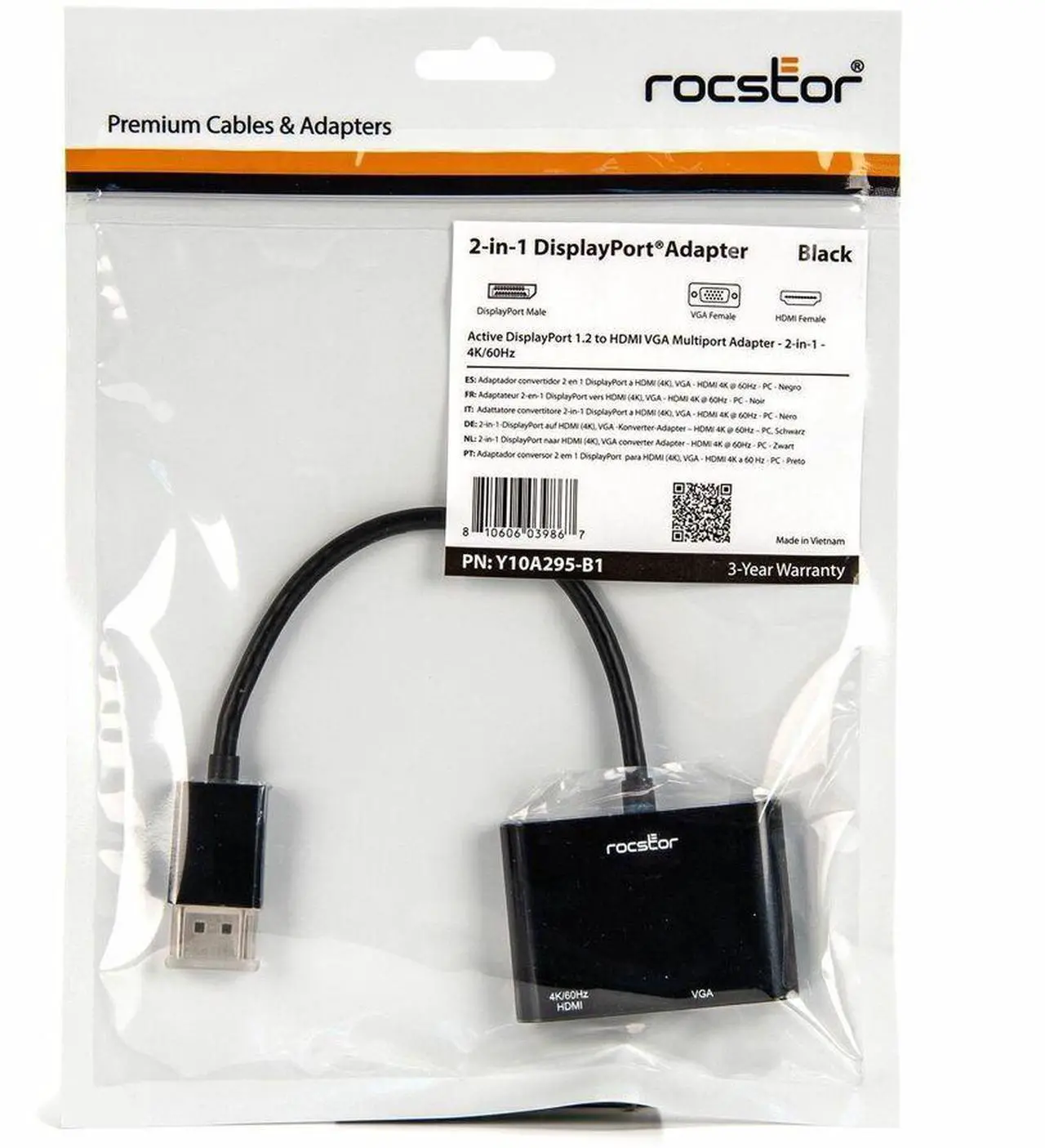 Alt view image 2 of 7 - Rocstor DisplayPort 1.2 to HDMI & VGA Multiport Active Video Adapter – 4K/60Hz – Black